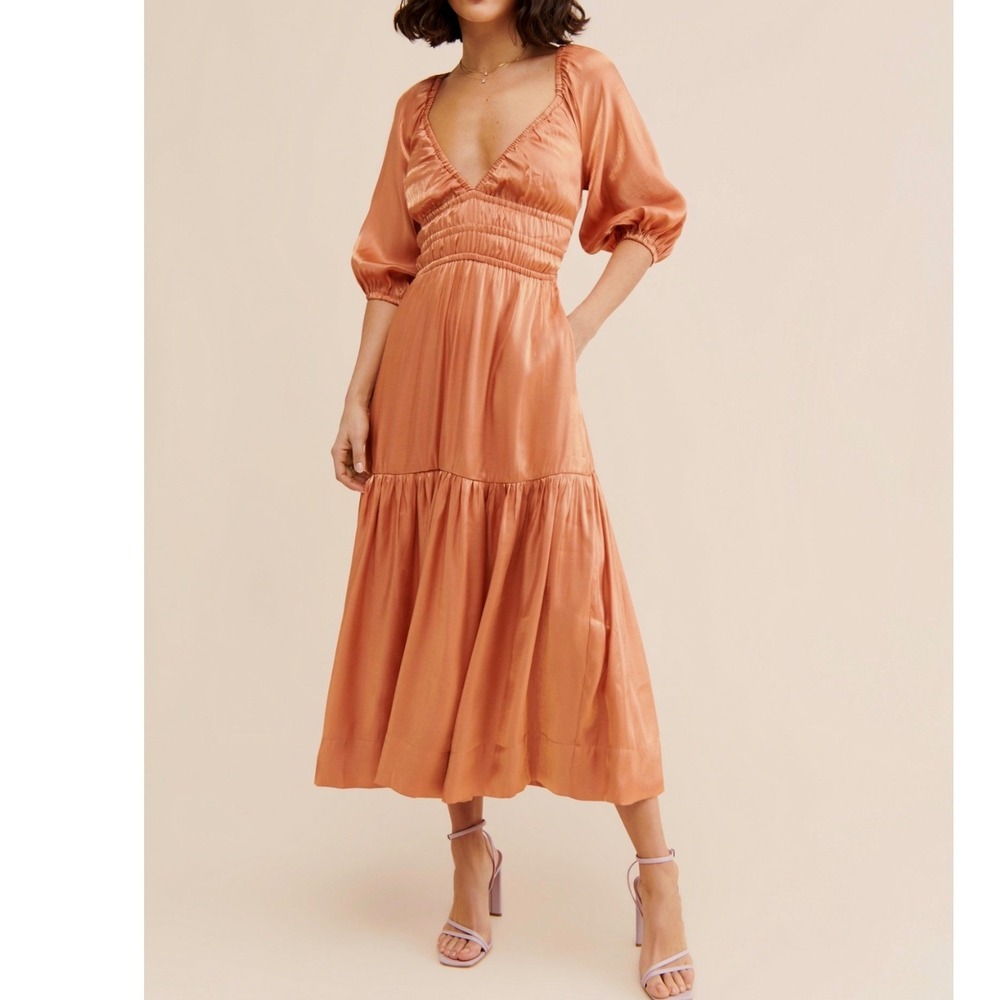 Mon Renn Nectarine Midi Dress Open Back Tiered Skirt Womens Small Orange